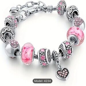 Pink Heart Bracelet Set With 11 Charms, Woman Jewelry Valentines Gift